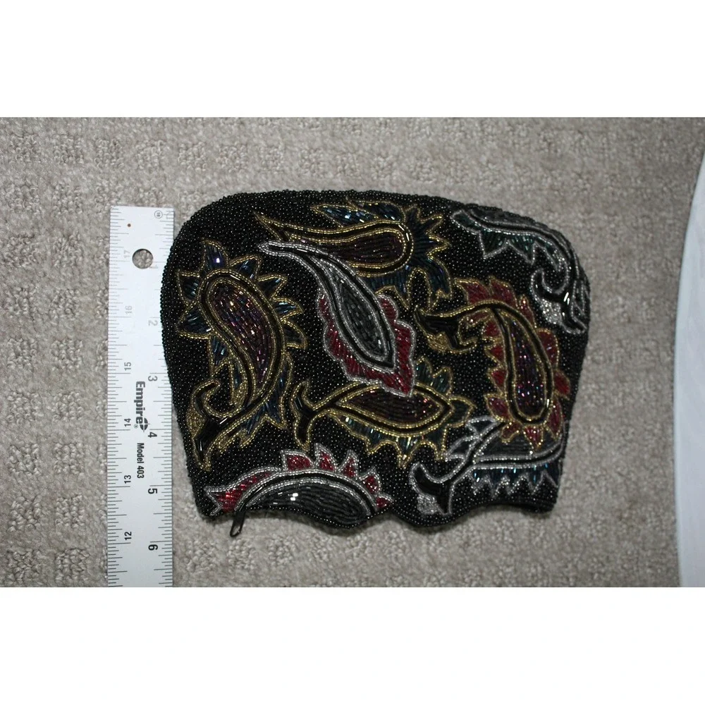 VTG Carolyne Barton Beaded Paisley Clutch Evening‎ Bag Black Red Gold